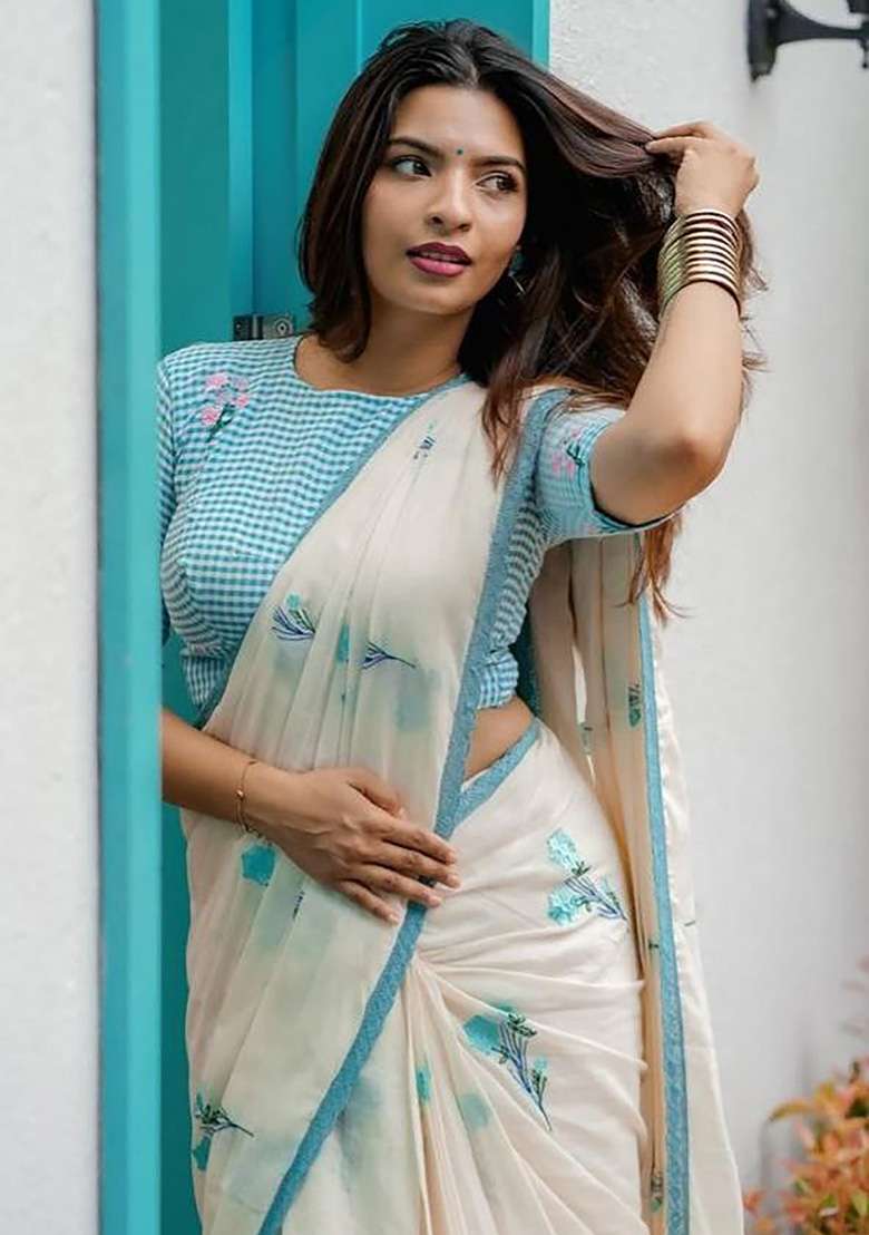 White Floral Print Linen Saree Set - Indya