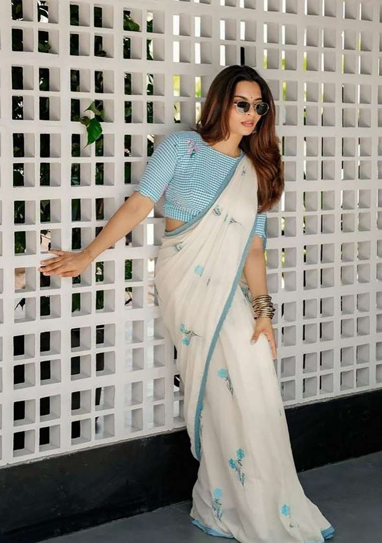 White Floral Print Linen Saree Set - Indya