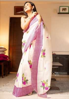 White Floral Print Linen Saree Set