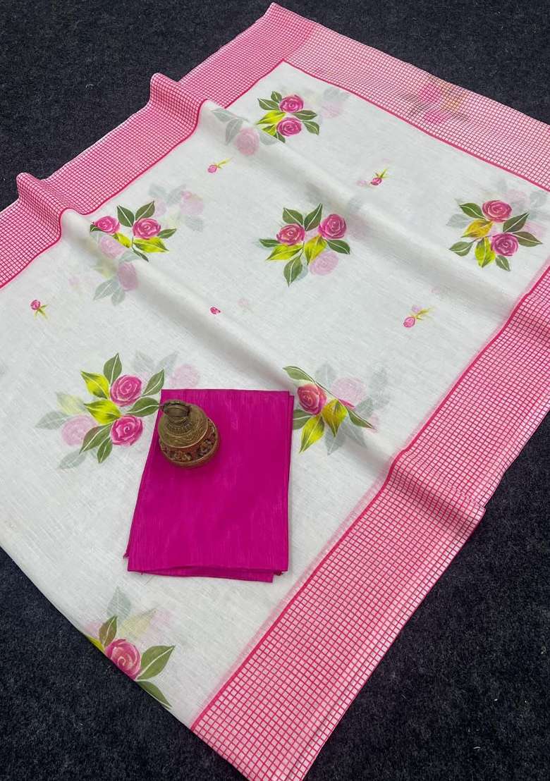 White Floral Print Linen Saree Set - Indya