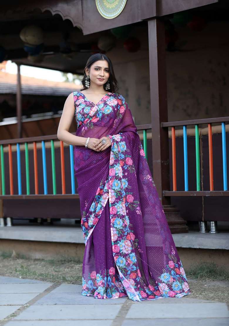 Purple Floral Print Georgette Saree Set - Indya
