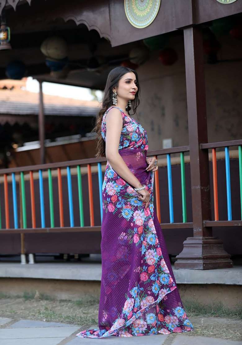 Purple Floral Print Georgette Saree Set - Indya