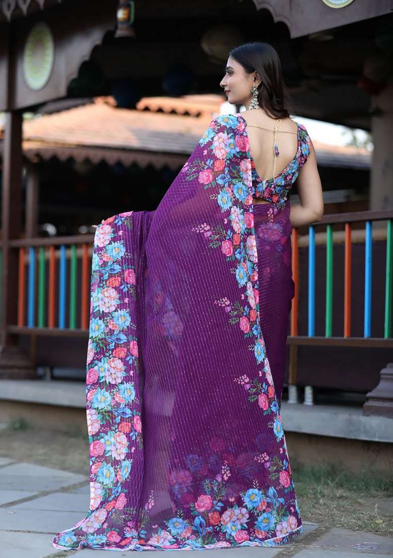 Purple Floral Print Georgette Saree Set - Indya