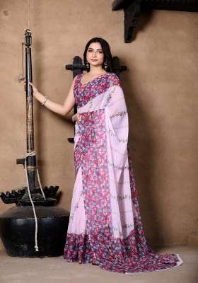 Lavender Floral Print Georgette Saree Set