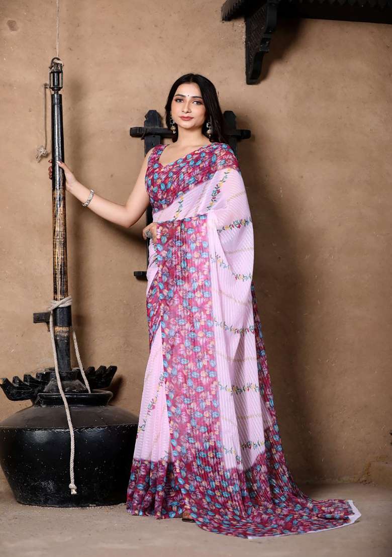 Lavender Floral Print Georgette Saree Set - Indya