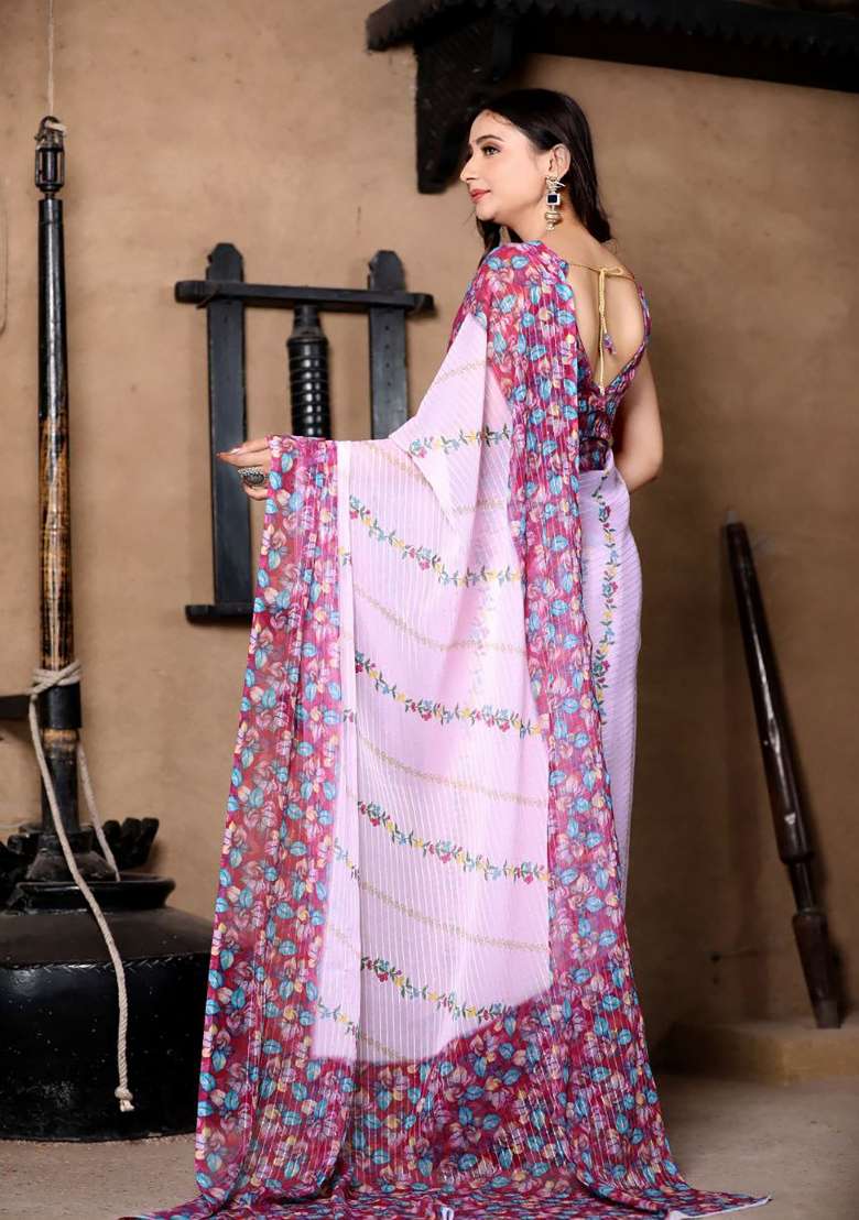Lavender Floral Print Georgette Saree Set - Indya