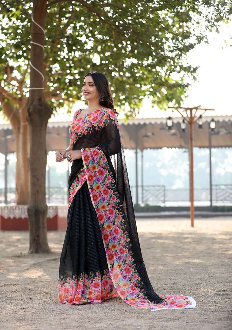Black Floral Print Georgette Saree Set - Indya