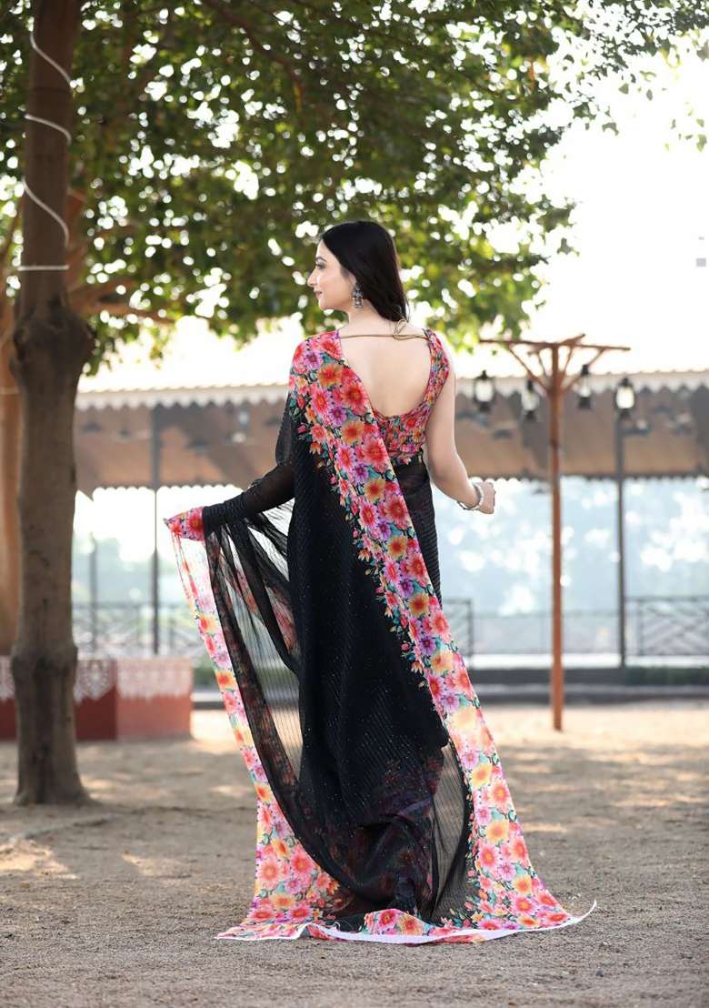 Black Floral Print Georgette Saree Set - Indya