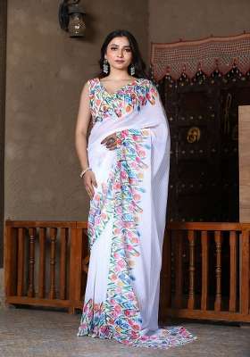White Floral Print Georgette Saree Set