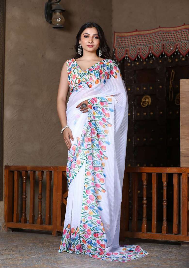 White Floral Print Georgette Saree Set - Indya