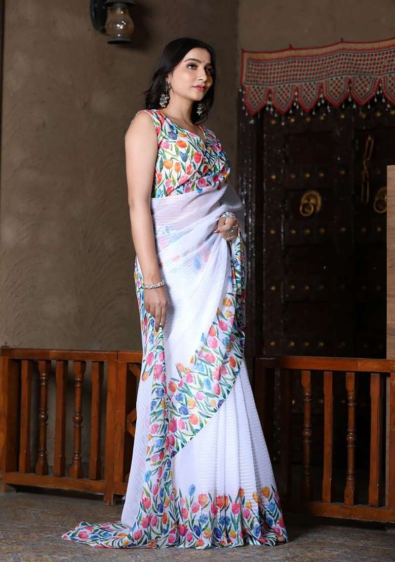 White Floral Print Georgette Saree Set - Indya