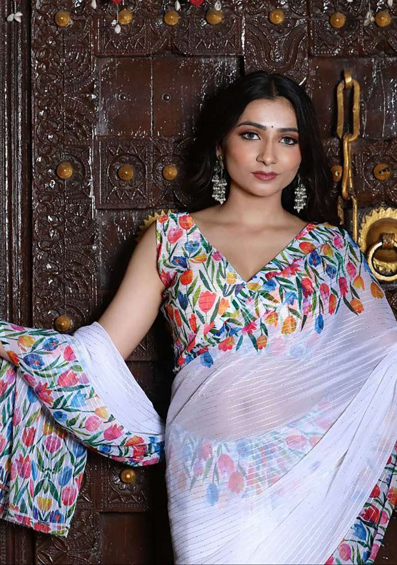 White Floral Print Georgette Saree Set - Indya