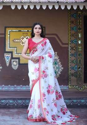White Floral Print Linen Saree Set
