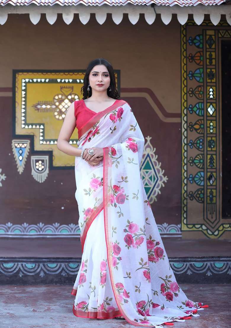 White Floral Print Linen Saree Set - Indya