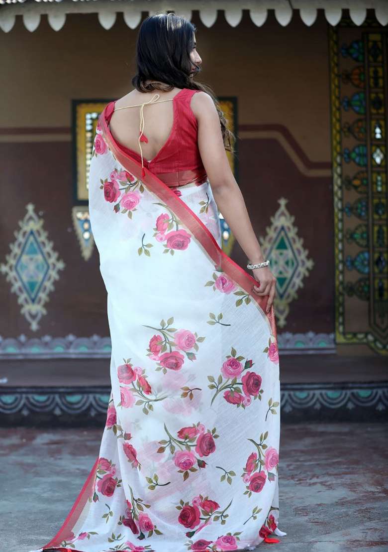 White Floral Print Linen Saree Set - Indya