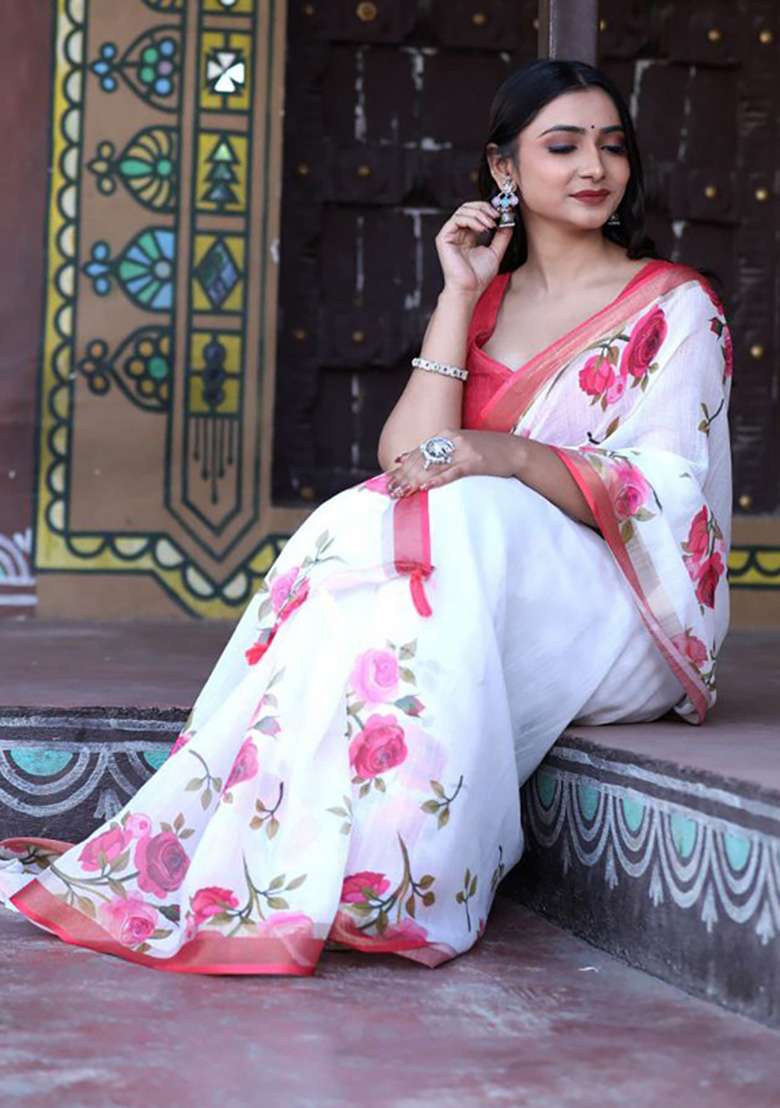 White Floral Print Linen Saree Set - Indya