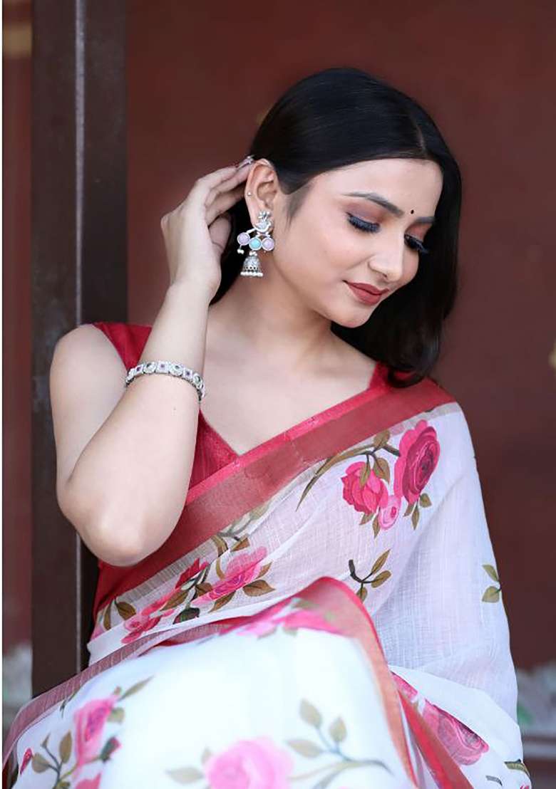 White Floral Print Linen Saree Set - Indya
