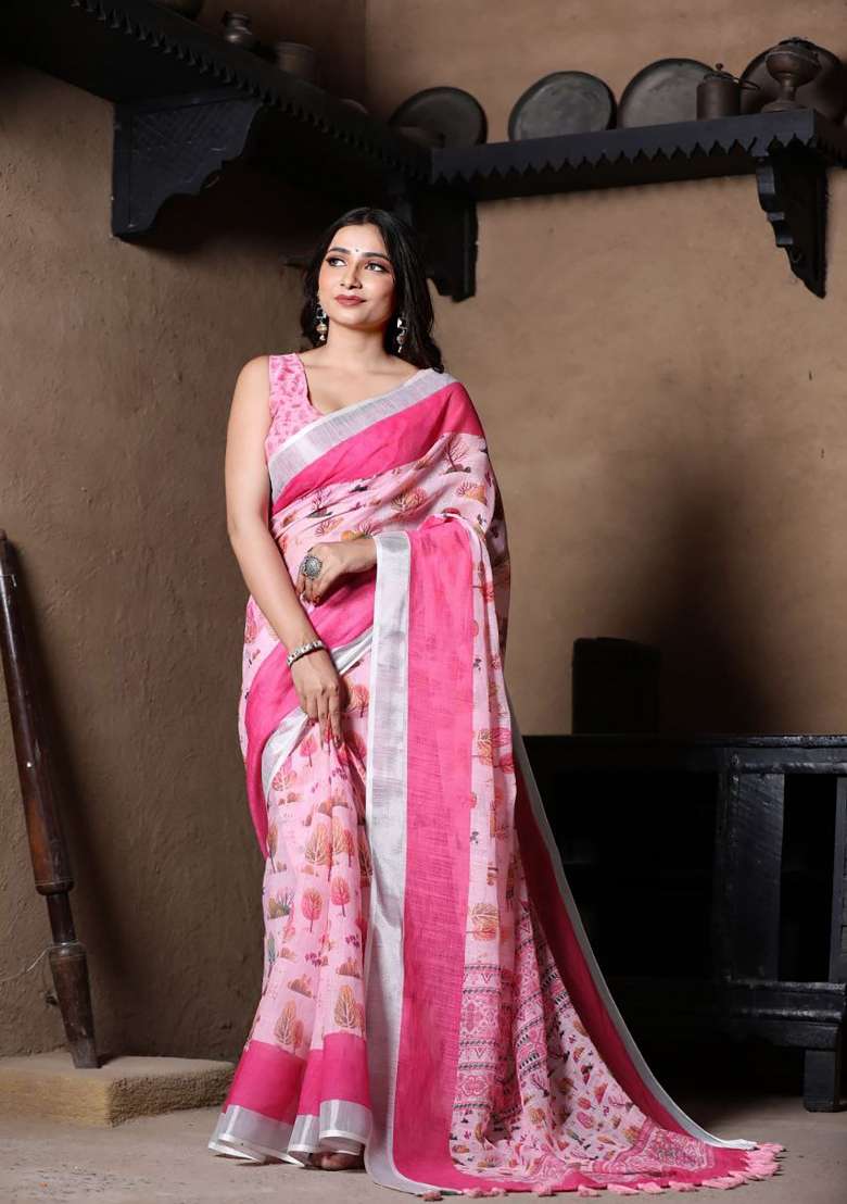 Baby Pink Floral Print Linen Saree Set - Indya