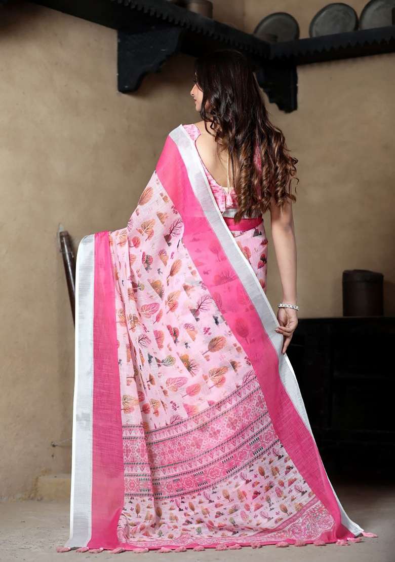 Baby Pink Floral Print Linen Saree Set - Indya