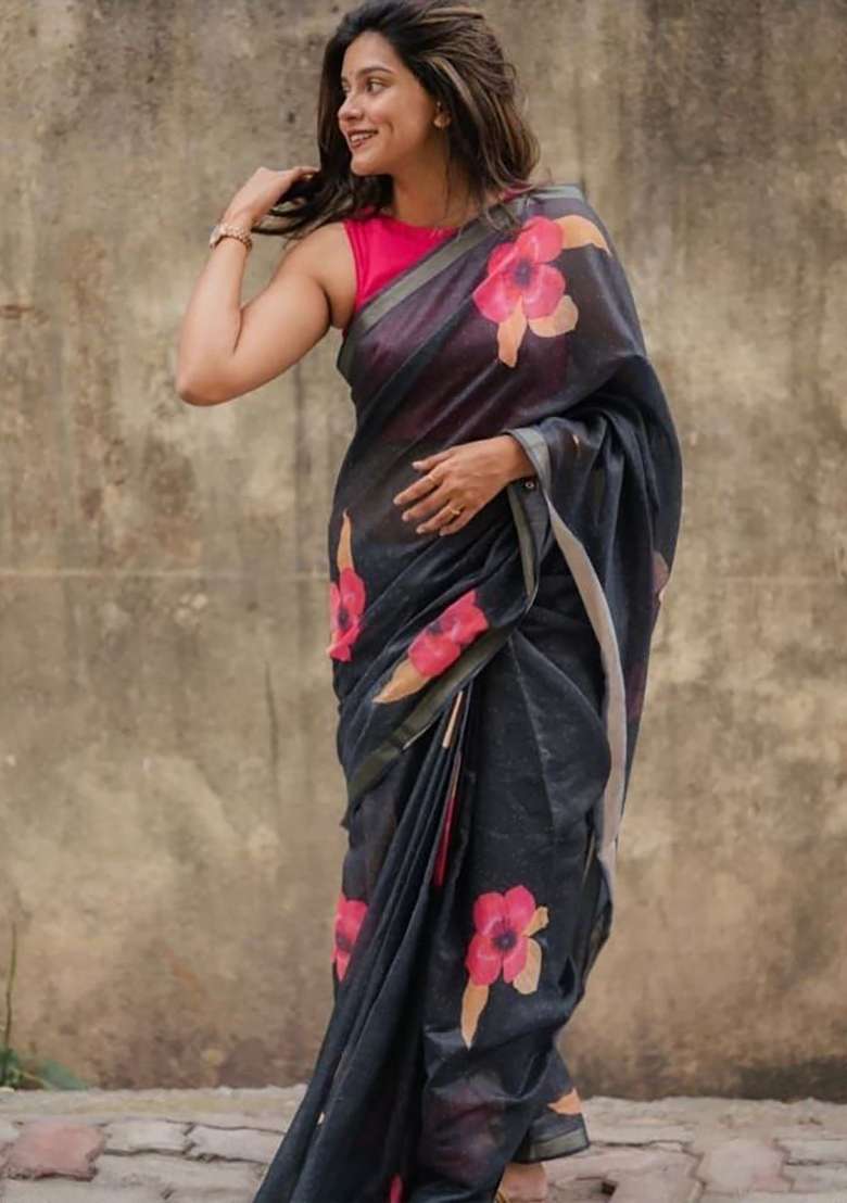 Black Floral Print Linen Saree Set - Indya