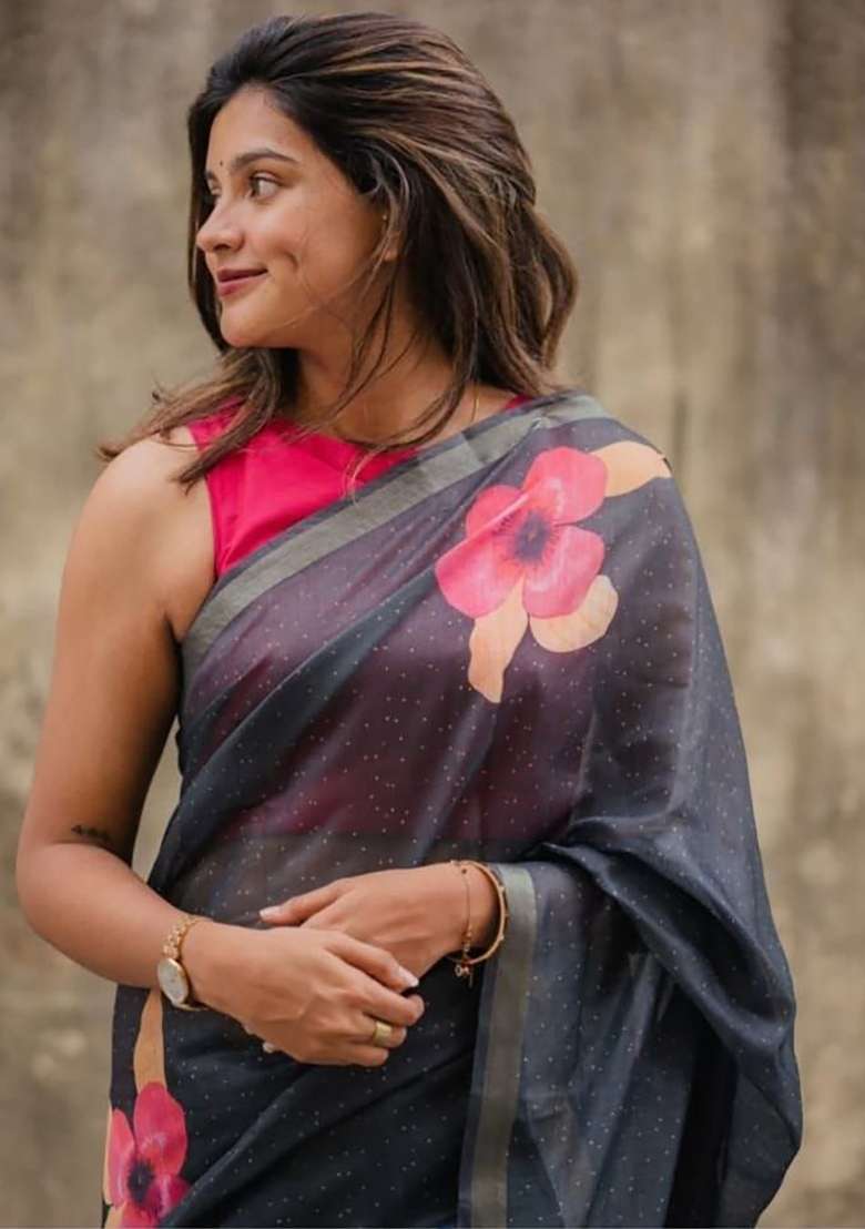 Black Floral Print Linen Saree Set - Indya