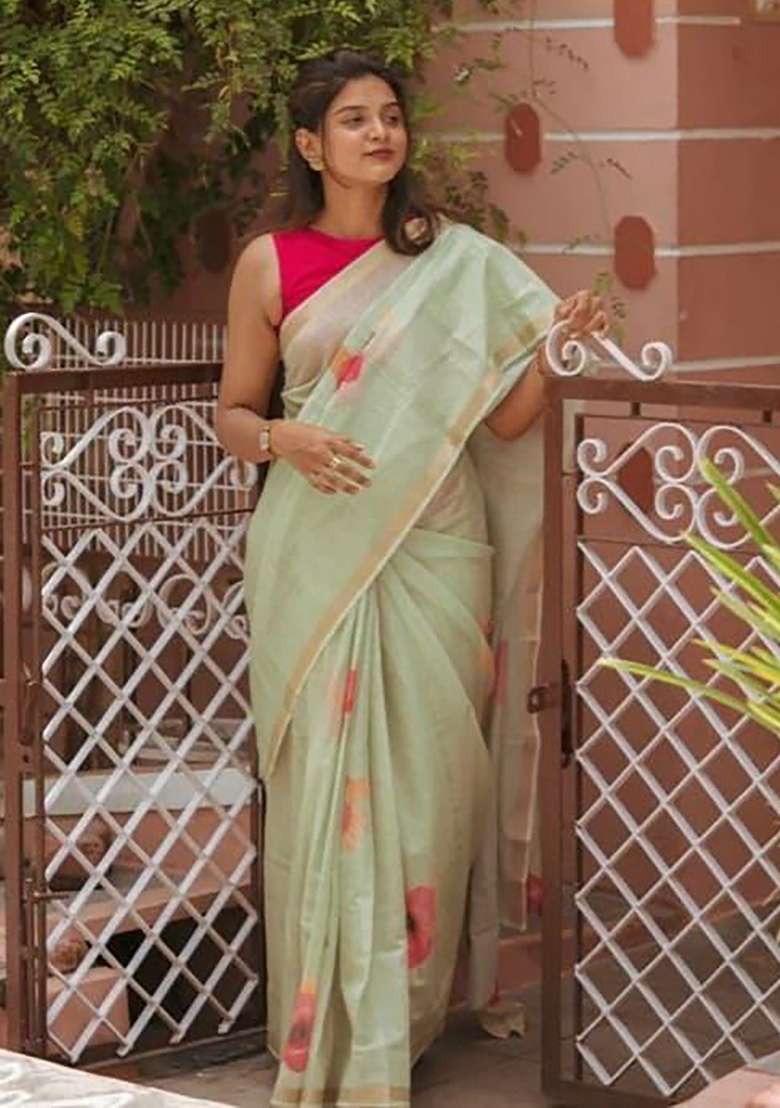 Light Green Floral Print Linen Saree Set - Indya