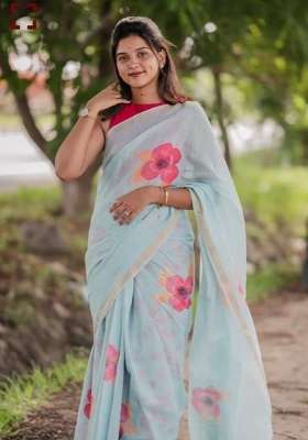 Light Blue Floral Print Linen Saree Set