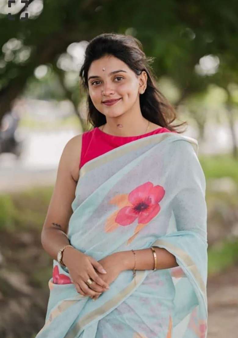 Light Blue Floral Print Linen Saree Set - Indya
