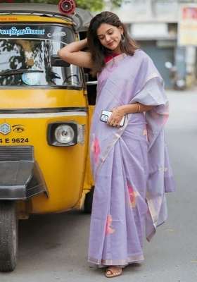 Lavender Floral Print Linen Saree Set
