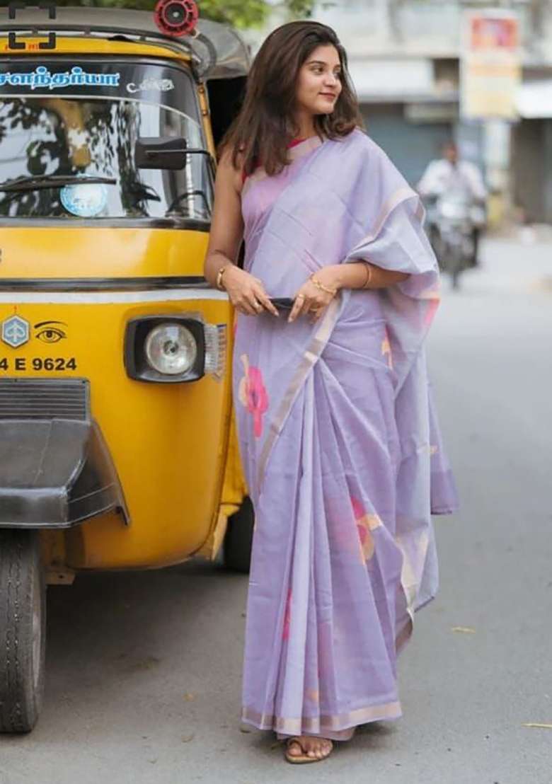 Lavender Floral Print Linen Saree Set - Indya
