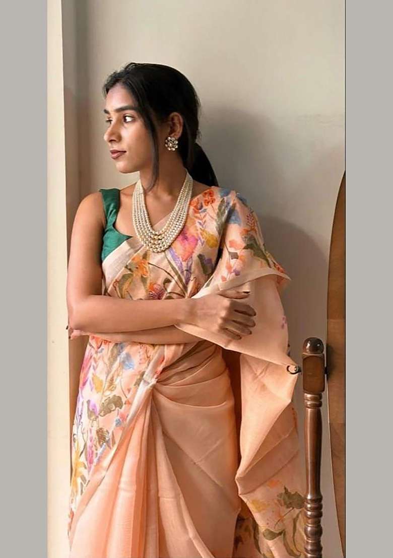 Peach Floral Print Linen Saree Set - Indya