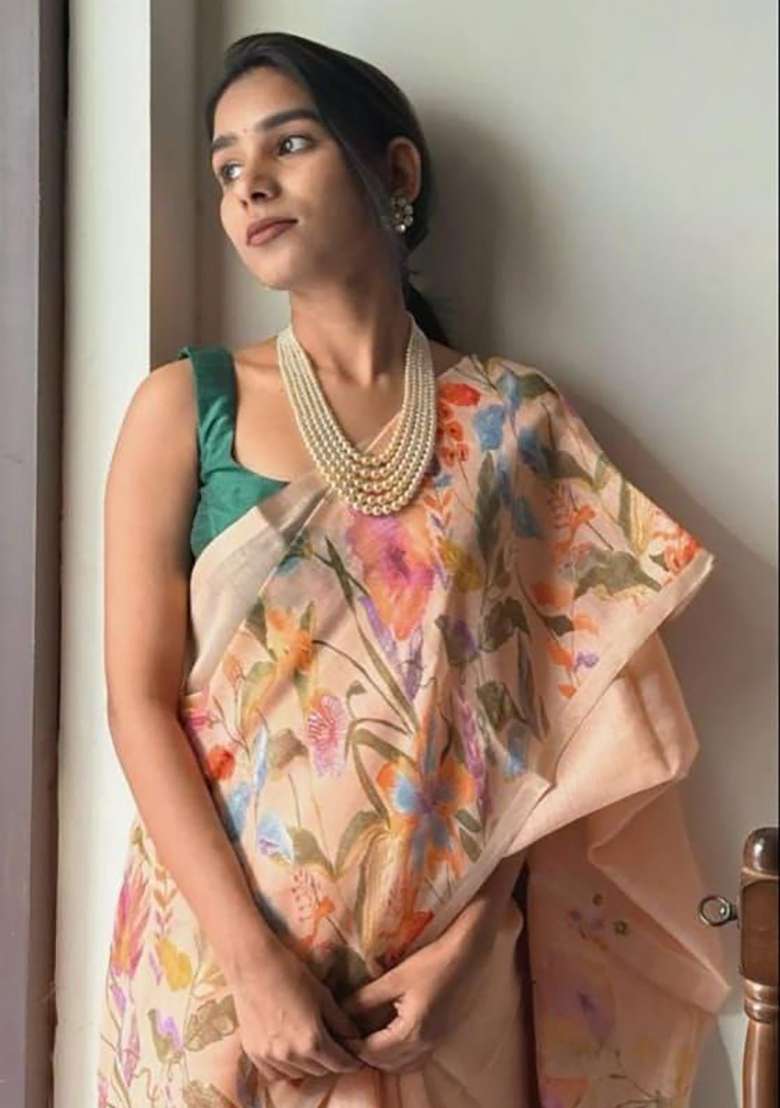 Peach Floral Print Linen Saree Set - Indya