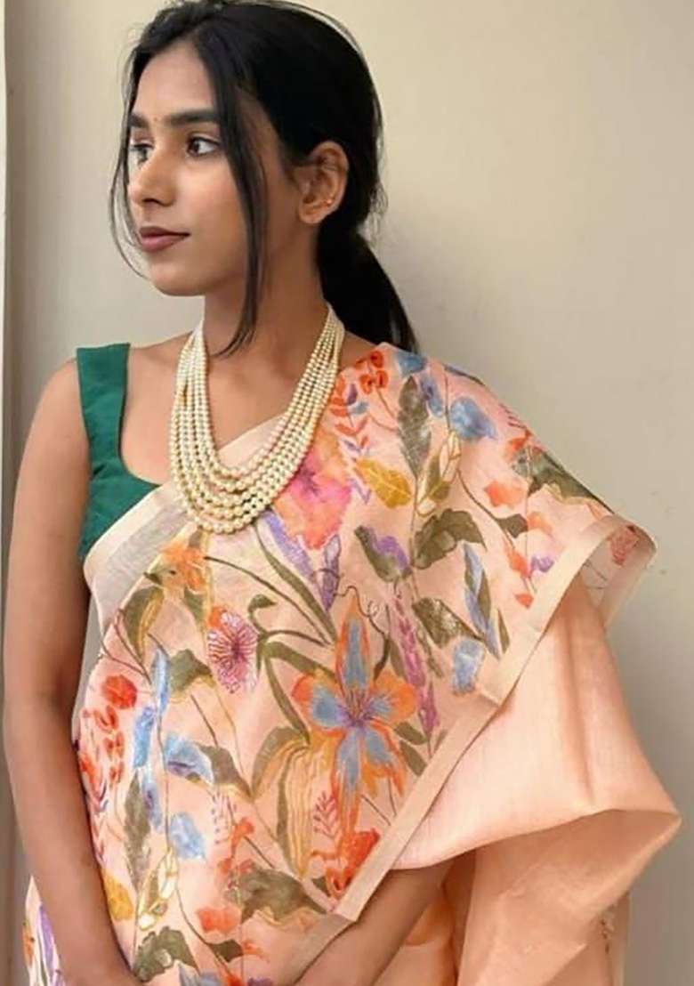 Peach Floral Print Linen Saree Set - Indya