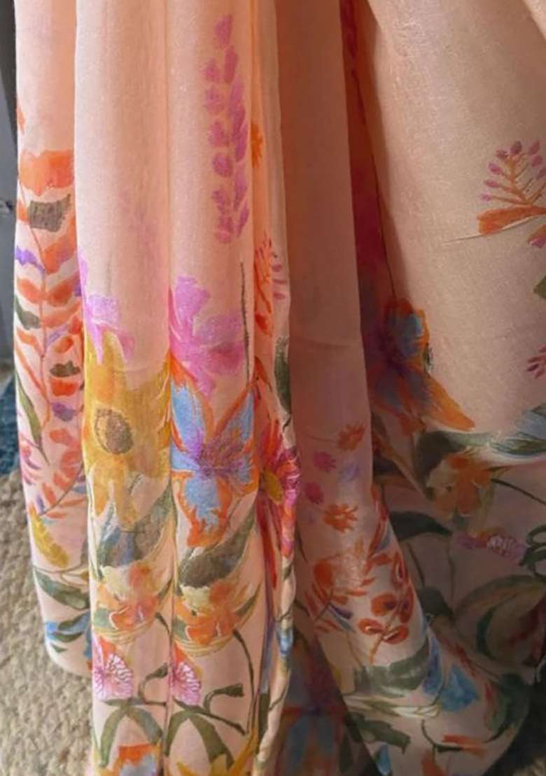 Peach Floral Print Linen Saree Set - Indya