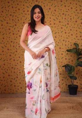 White Floral Print Linen Saree Set