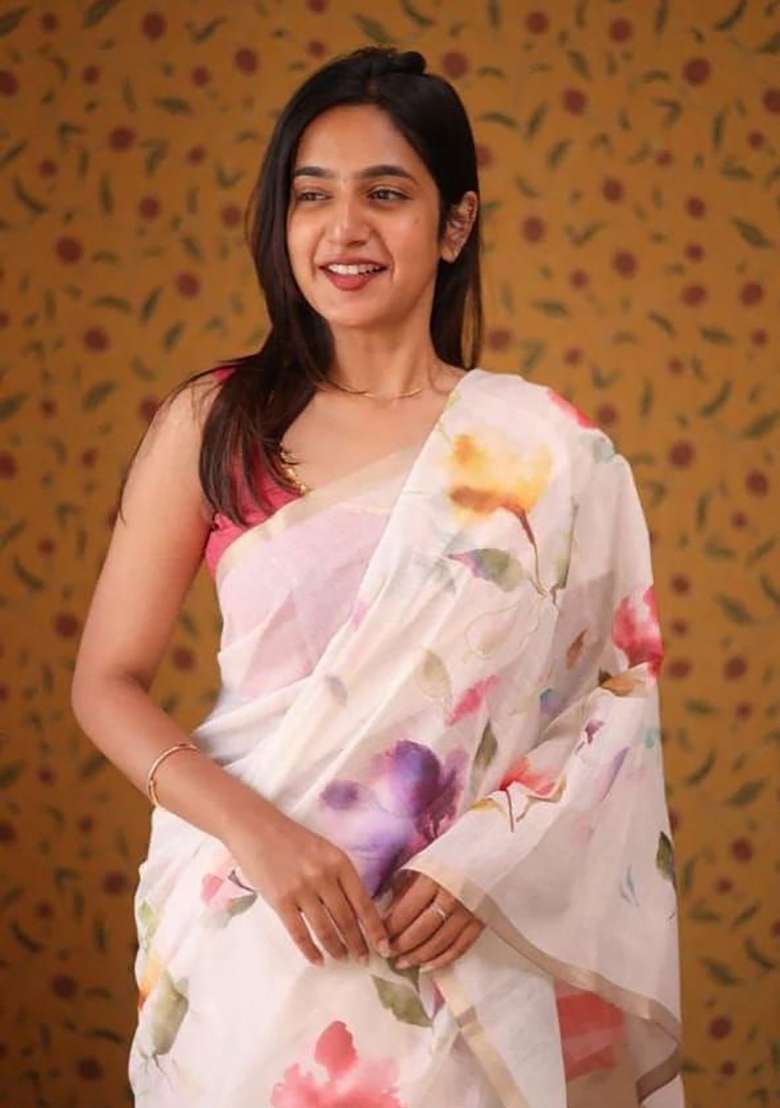 White Floral Print Linen Saree Set - Indya