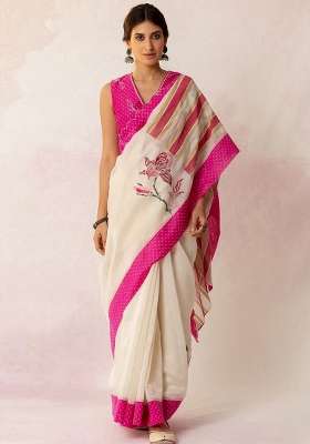 Off White Floral Print Linen Saree Set