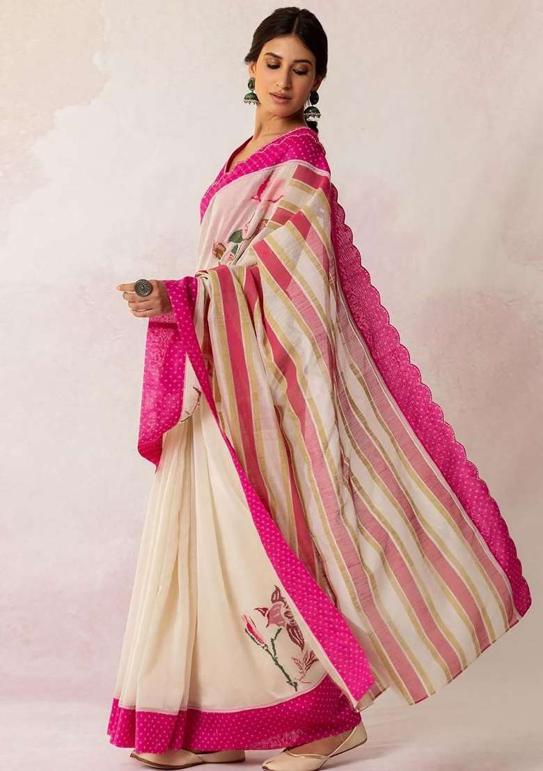 Off White Floral Print Linen Saree Set - Indya