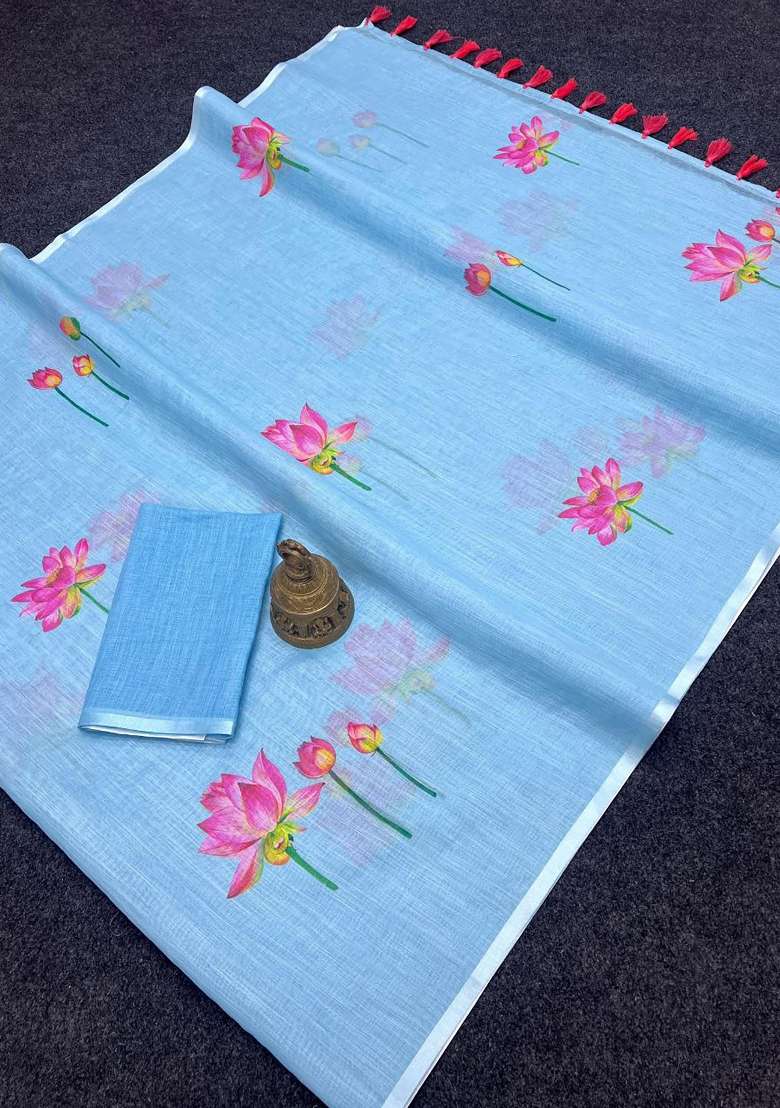 Sky Blue Lotus Motifs Linen Saree Set - Indya