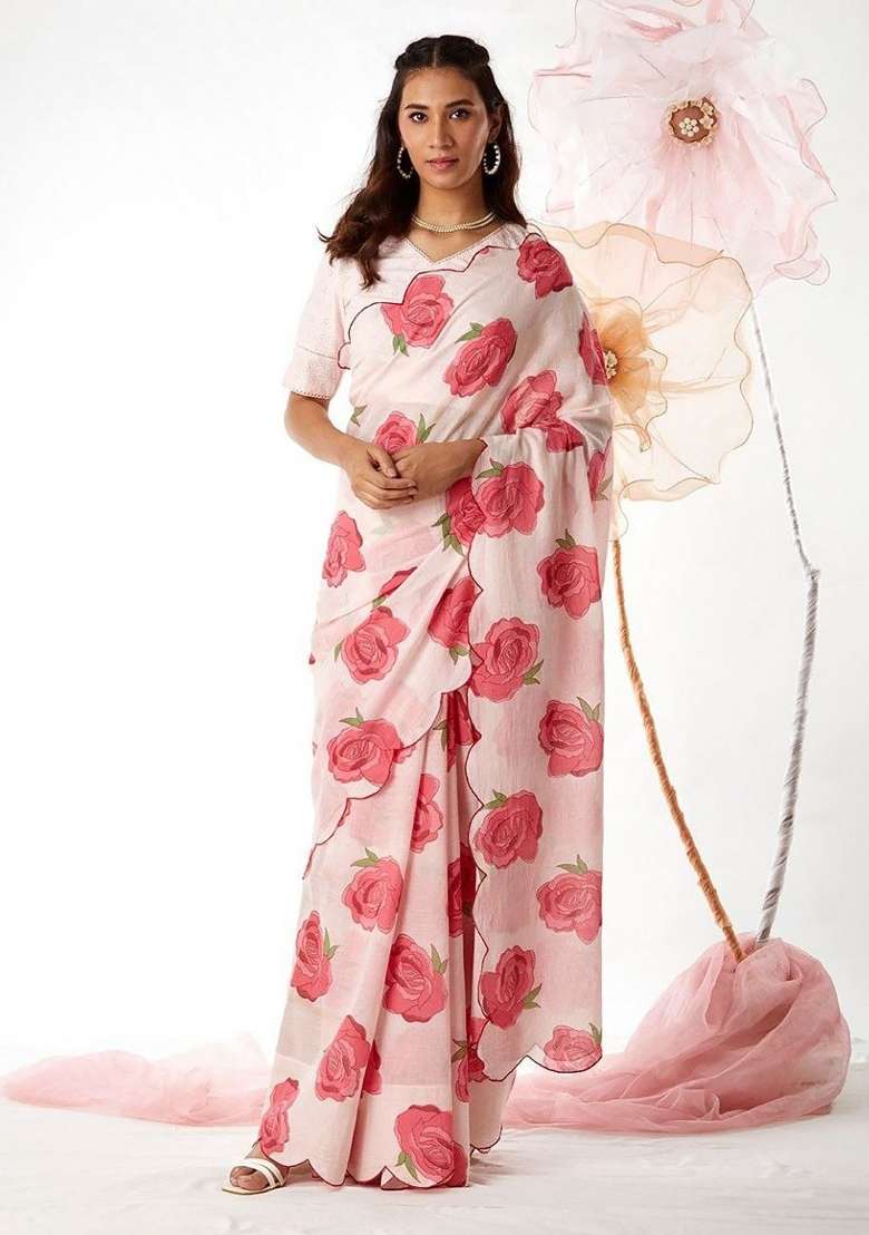 Light Baby Pink Floral Print Linen Saree Set - Indya