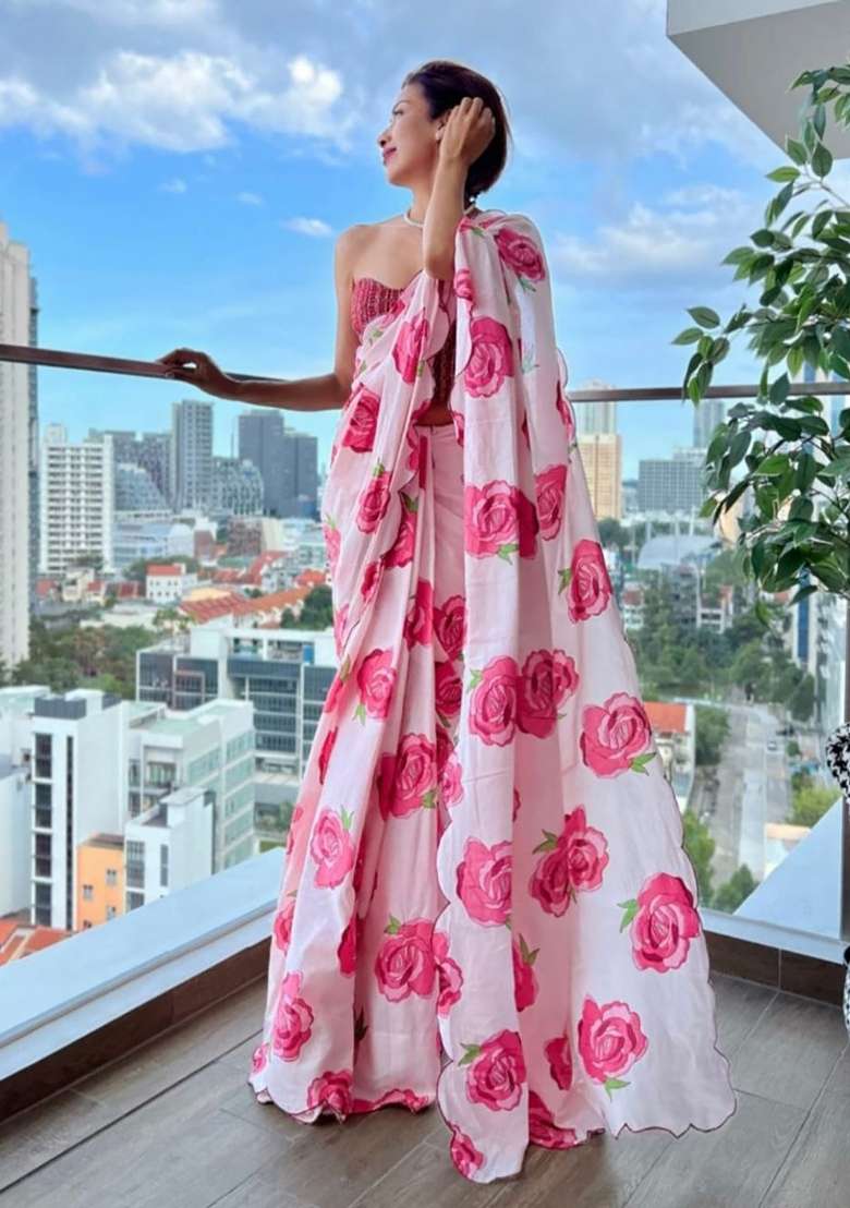 Light Baby Pink Floral Print Linen Saree Set - Indya