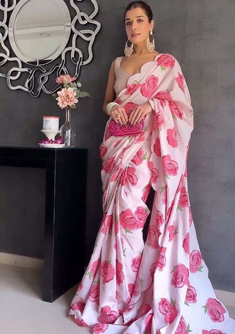 Light Baby Pink Floral Print Linen Saree Set - Indya