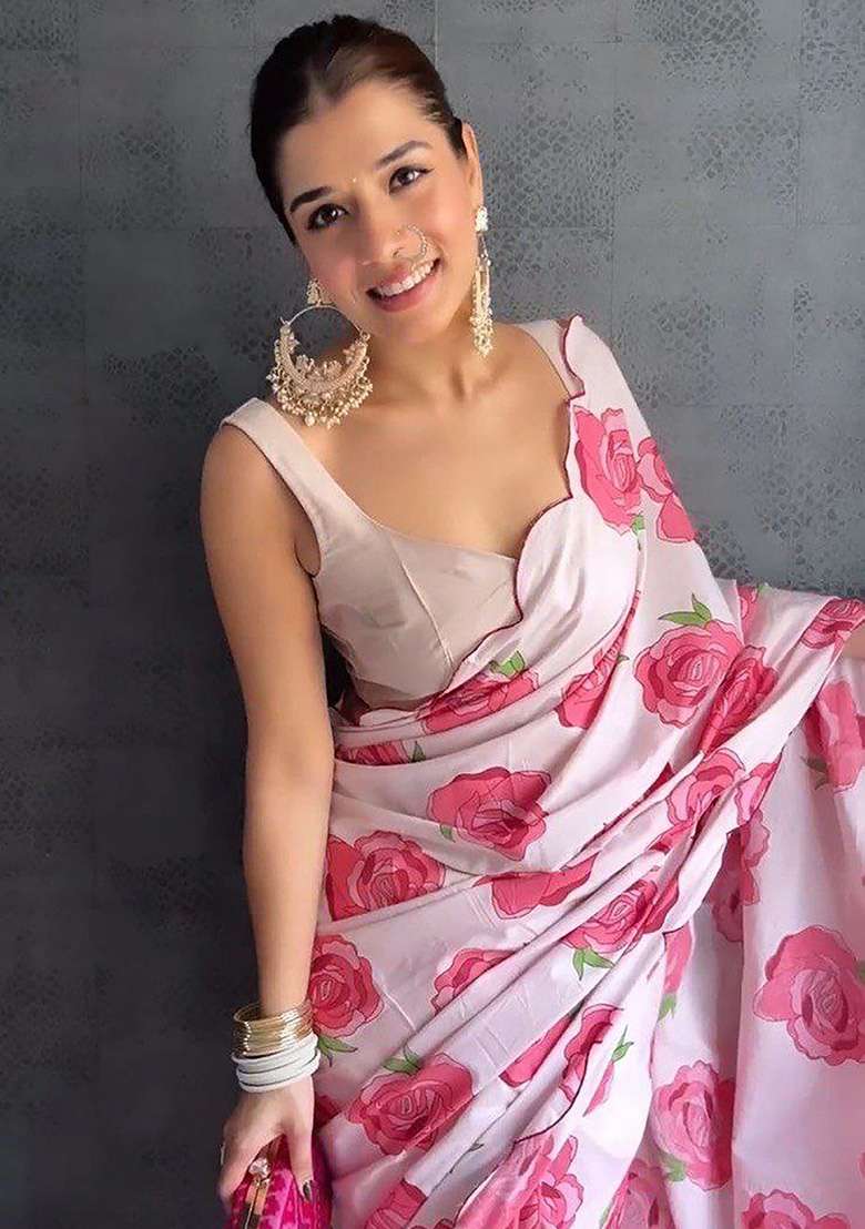 Light Baby Pink Floral Print Linen Saree Set - Indya