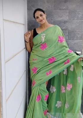 Lime Green Floral Print Linen Saree Set