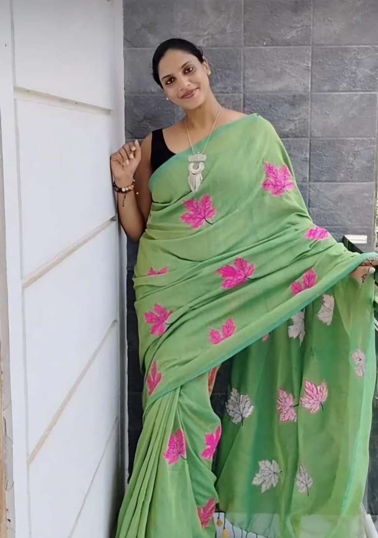Lime Green Floral Print Linen Saree Set - Indya