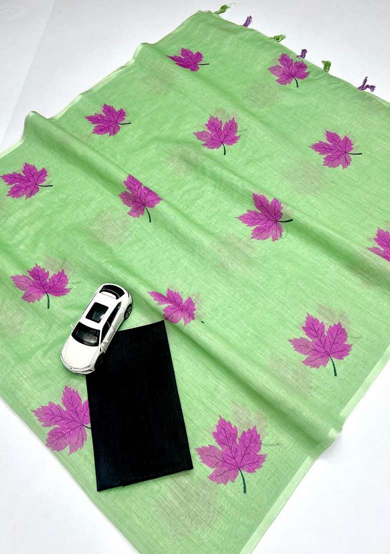 Lime Green Floral Print Linen Saree Set - Indya