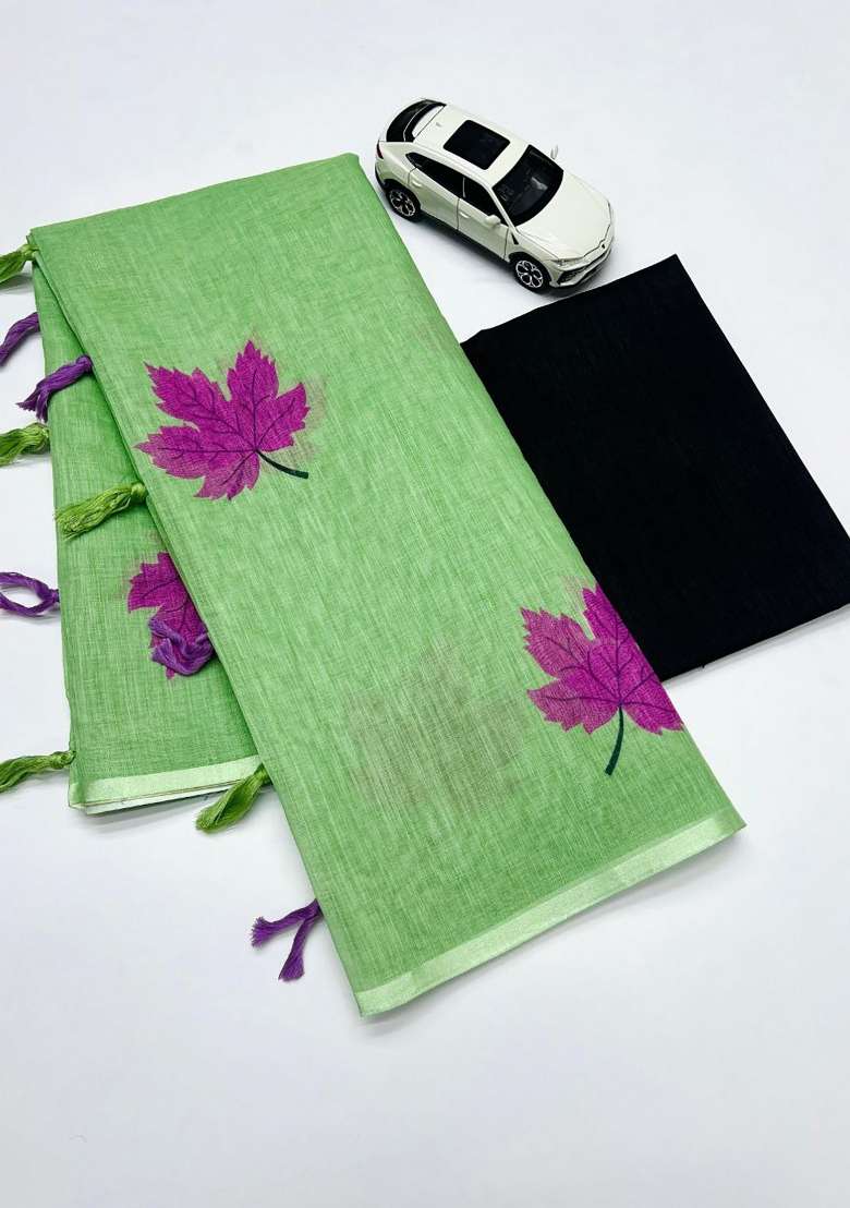 Lime Green Floral Print Linen Saree Set - Indya