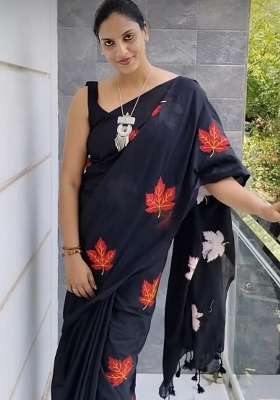 Black Floral Print Linen Saree Set