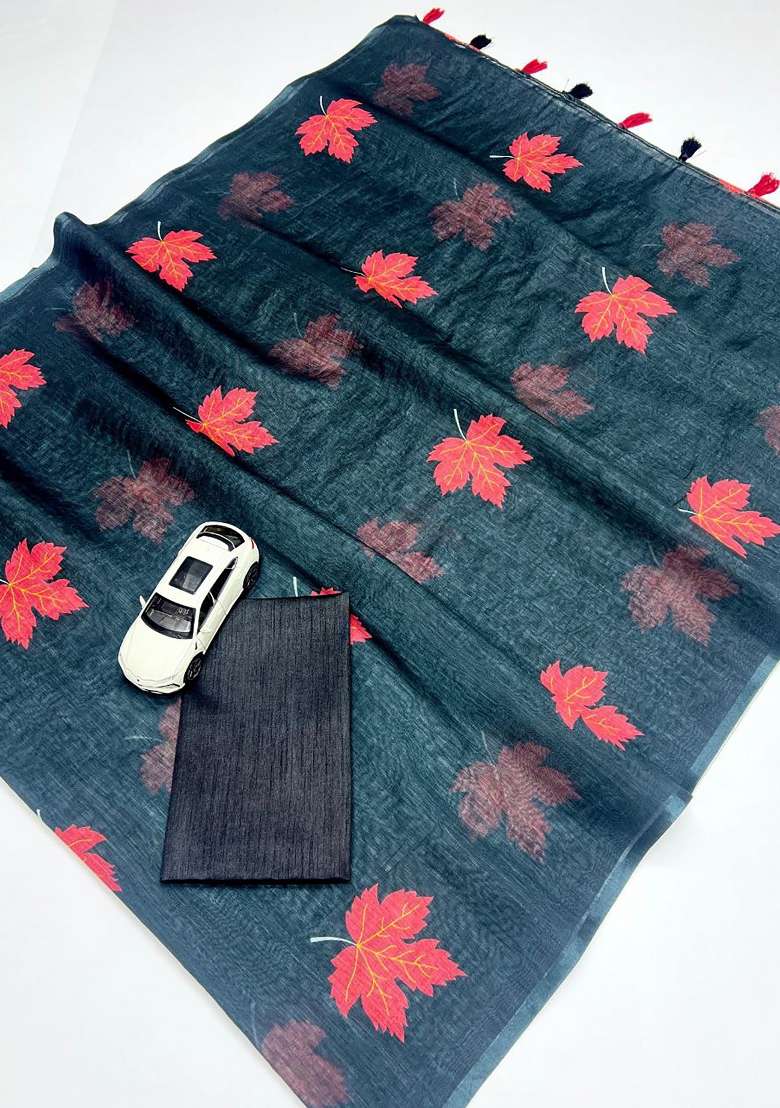 Black Floral Print Linen Saree Set - Indya