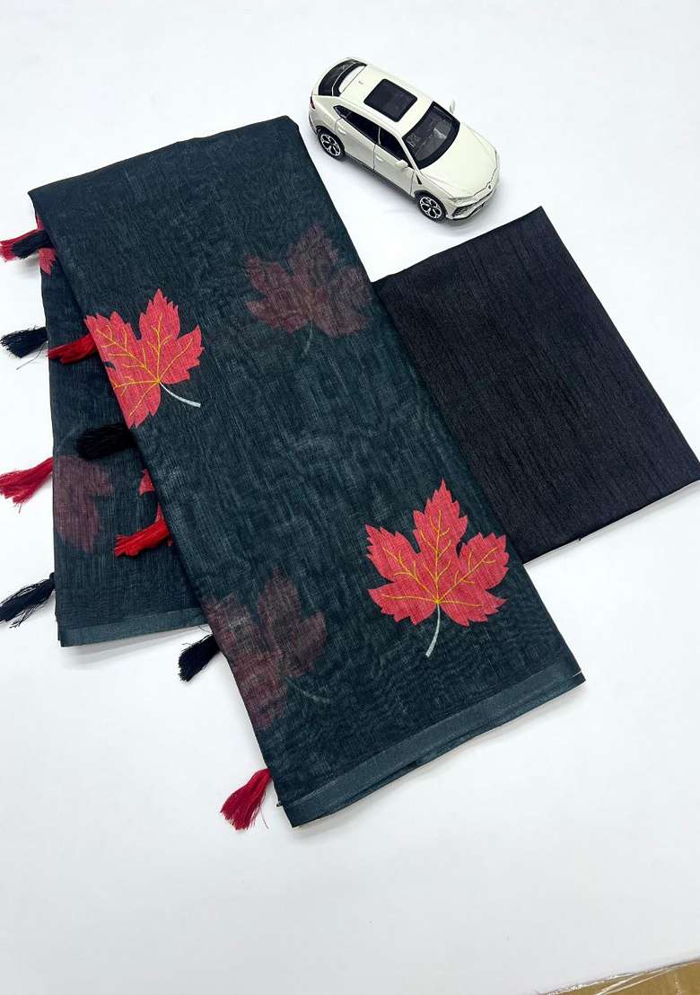 Black Floral Print Linen Saree Set - Indya